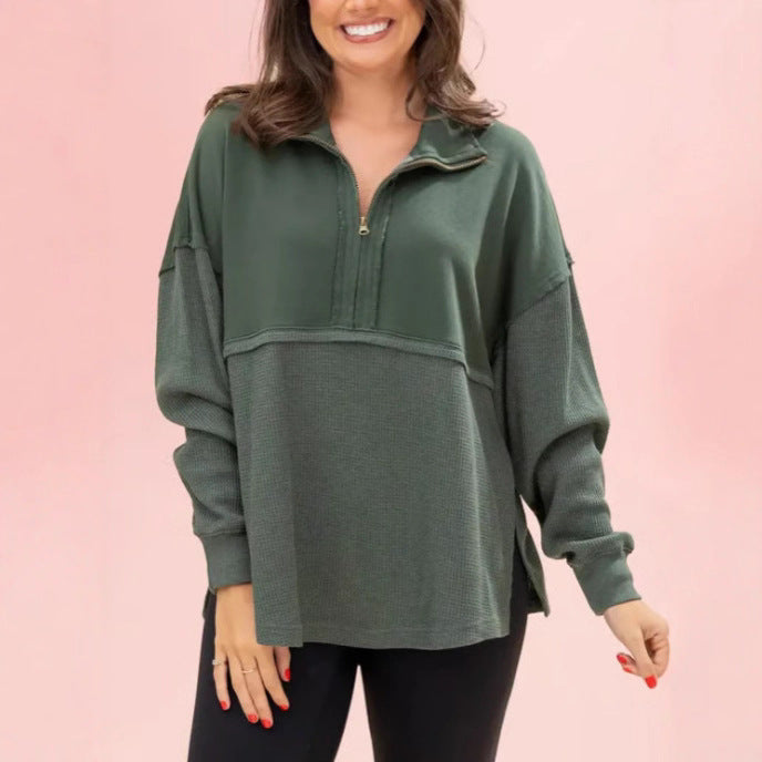 Damen Pullover Halbzipper Voluminöse Ärmel Grau Eveloria