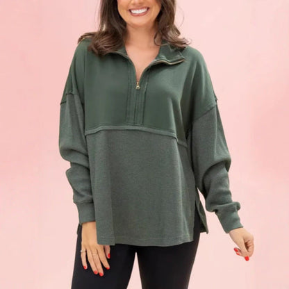 Damen Pullover Halbzipper Voluminöse Ärmel Grau Eveloria