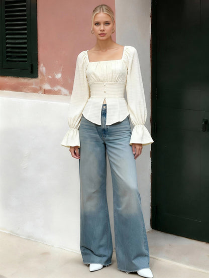Damen Oberteil Puffärmel Raffinierter Knoten Detail Bluse