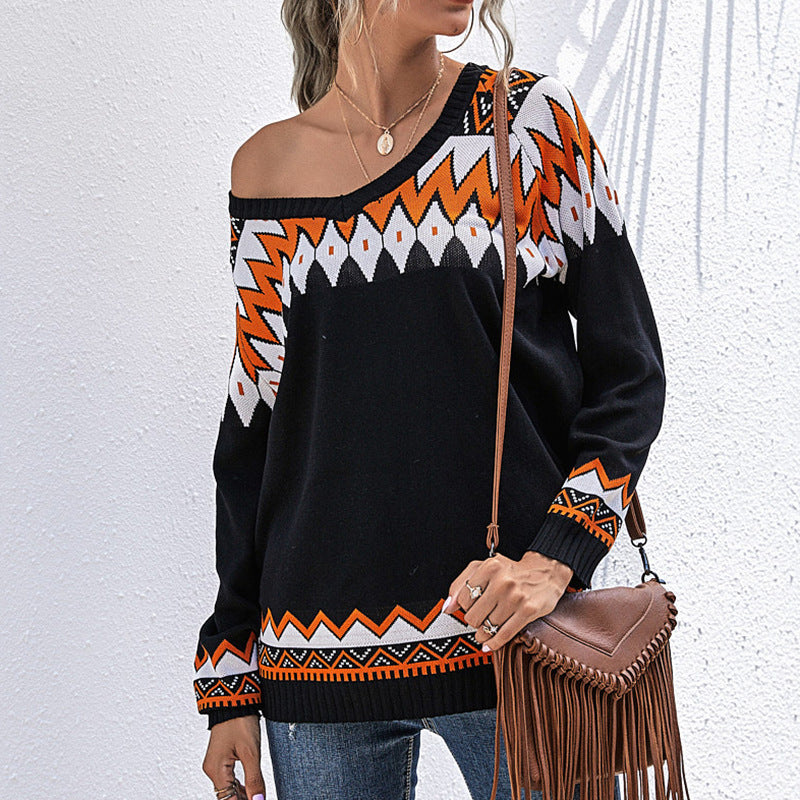 Damen Strickpullover Asymmetrischer Ausschnitt Kunststoffmuster