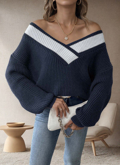 Damen Strickpullover V-Ausschnitt Rippenmuster Beige