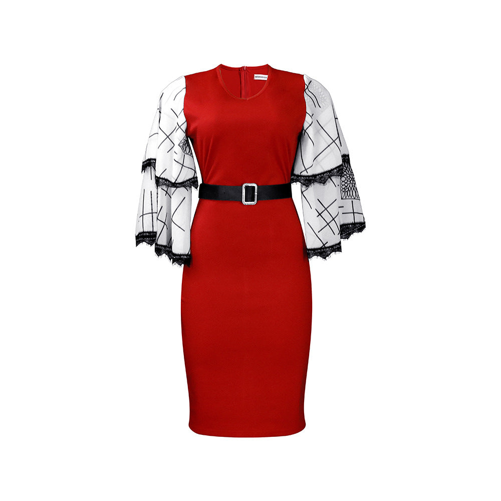 Damen Etuikleid Spitzenärmel Gürtel Elegant Eveloria