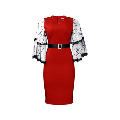 Damen Etuikleid Spitzenärmel Gürtel Elegant Eveloria