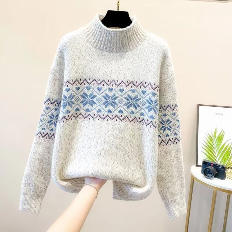 Damen Rollkragenpullover Nordisches Muster Kuschelig Grau Eveloria