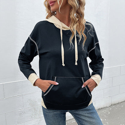 Damen Kapuzenpullover mit Taschen Kontrastärmel Grau