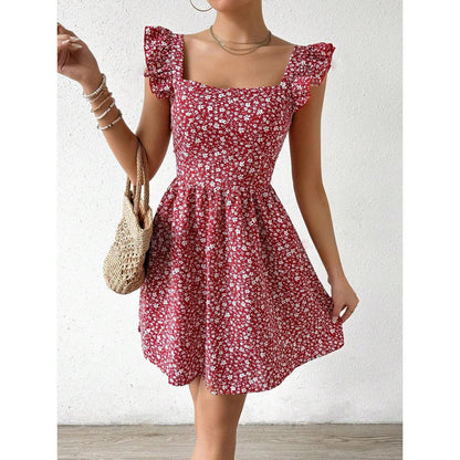 Damen Sommerkleid Rüschendetails Quadrat-Ausschnitt Eveloria