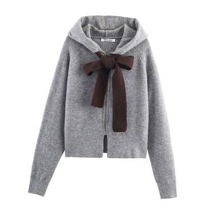 Damen Strickpullover mit Kapuze und Bindeband