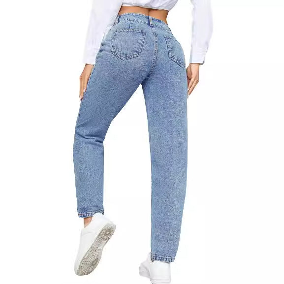 Damen High-Waist Boyfriend Jeans Klassischer Schnitt Knopfblau