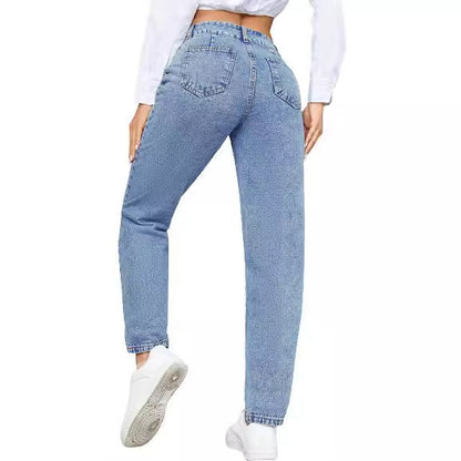 Damen High-Waist Boyfriend Jeans Klassischer Schnitt Knopfblau