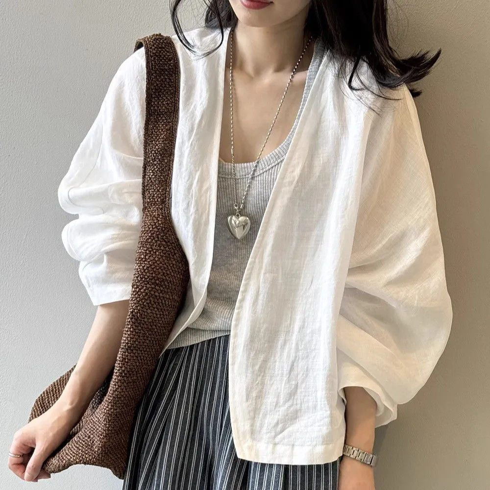 Damen Leinenjacke Lässig Beige - Eveloria