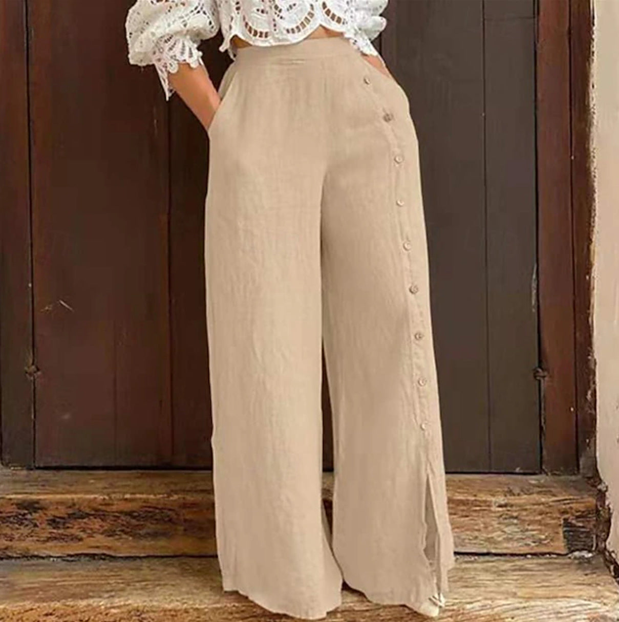Damen Baumwollhose Weit mit Knöpfen Elegant Beige