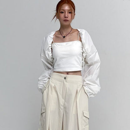 Damen Cropped Langarmbluse Rüschen Bluse Eveloria - Eveloria