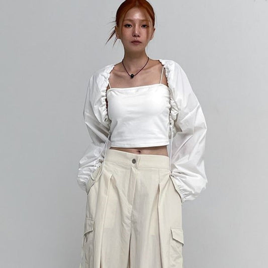 Damen Cropped Langarmbluse Rüschen Bluse Eveloria - Eveloria