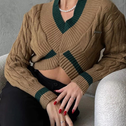 Damen Cropped Strickpullover V-Ausschnitt Kontrastdetails