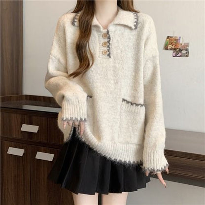 Damen Strickpullover mit Kragen und Knöpfen
