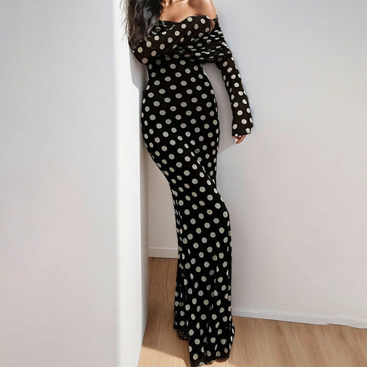 Damen Maxikleid Off-Shoulder Polka-Dot Muster Schwarz - Eveloria