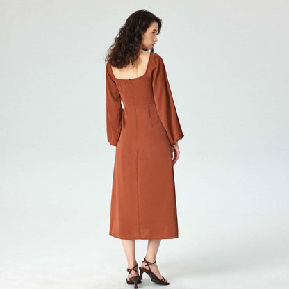 Damen Midi-Kleid Puffärmel Hohem Schlitz Eveloria