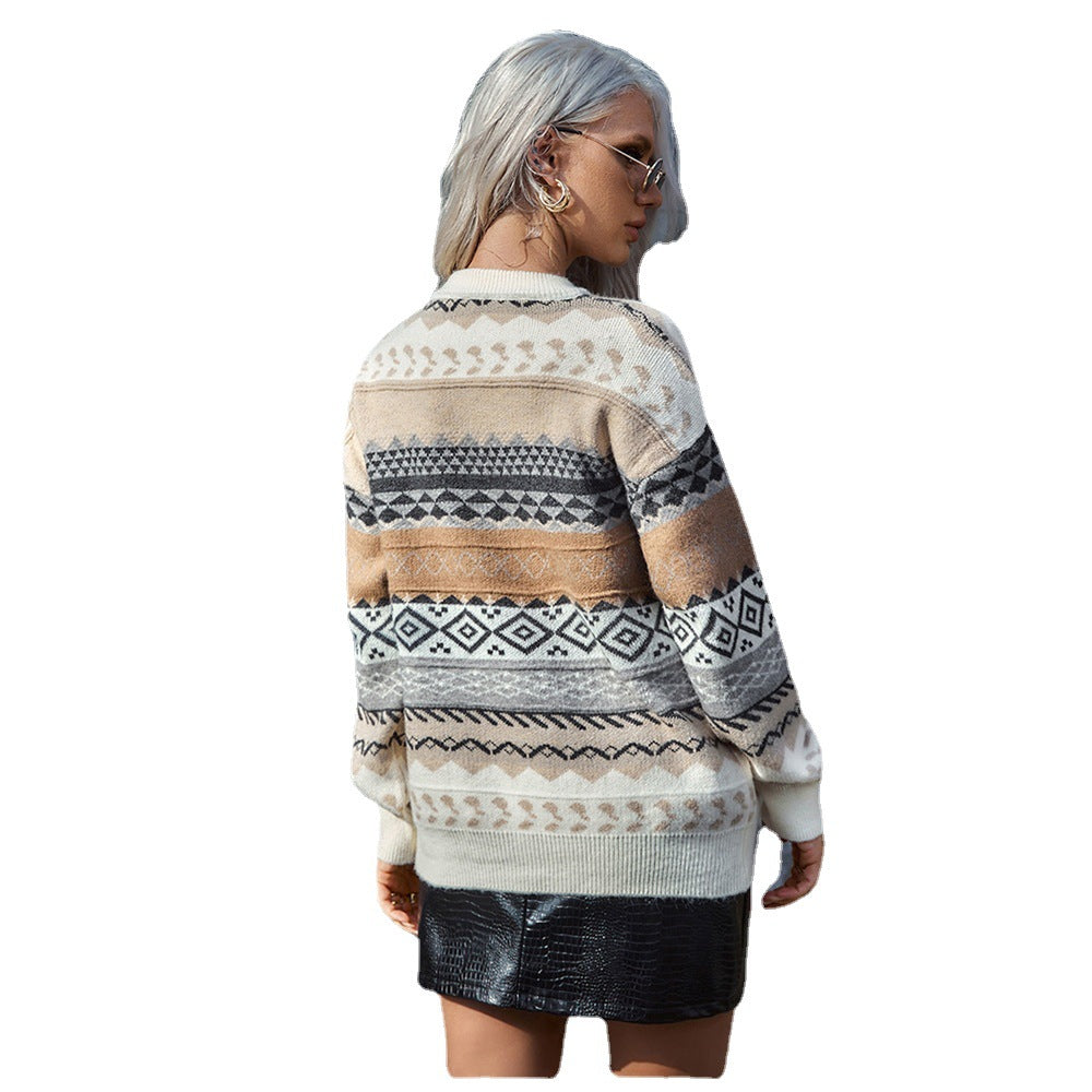Damen Grobstrickpullover Geometrisches Muster Weit Eveloria