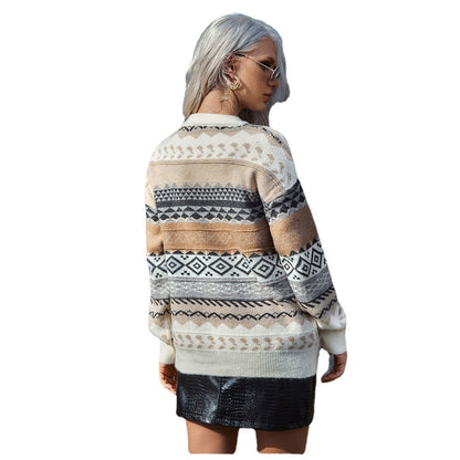 Damen Grobstrickpullover Geometrisches Muster Weit Eveloria