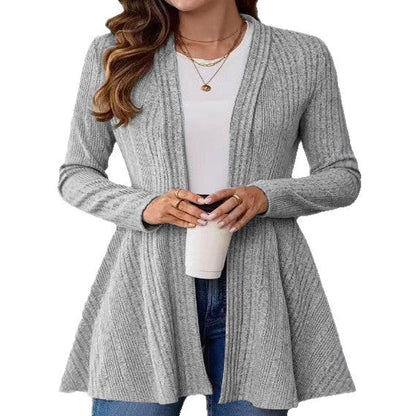 Damen Strickjacke Lang Rippdesign Tailliert Eveloria