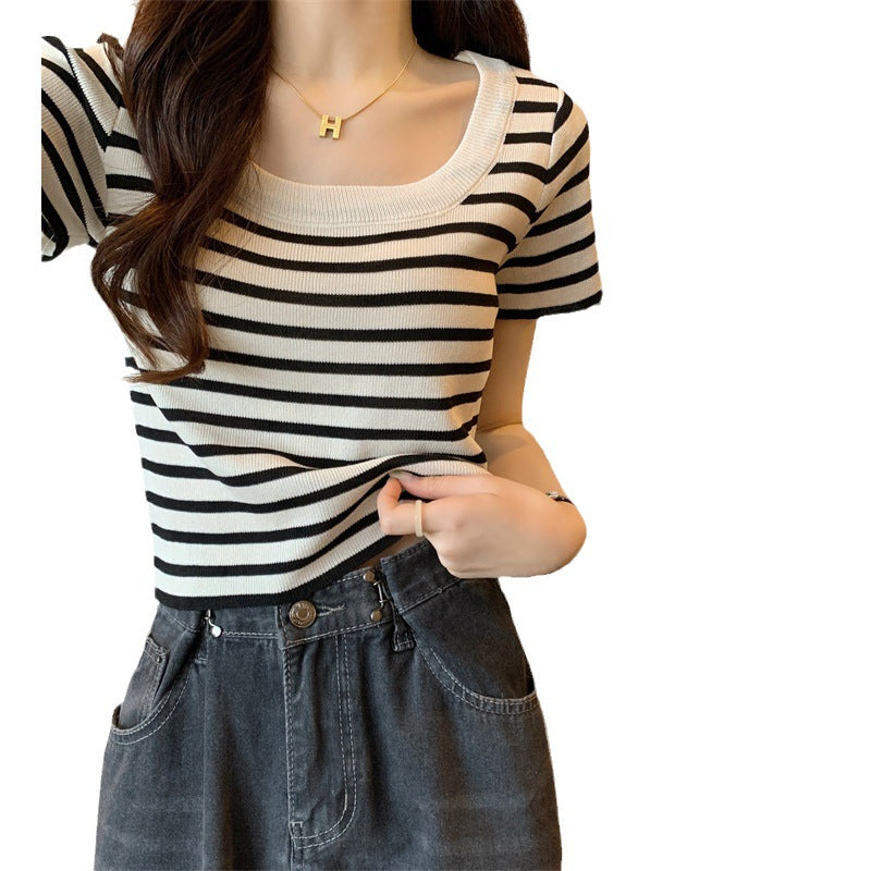 Damen Cropped Oberteil Streifen Elastisch Modern Knoten-Design Weiss