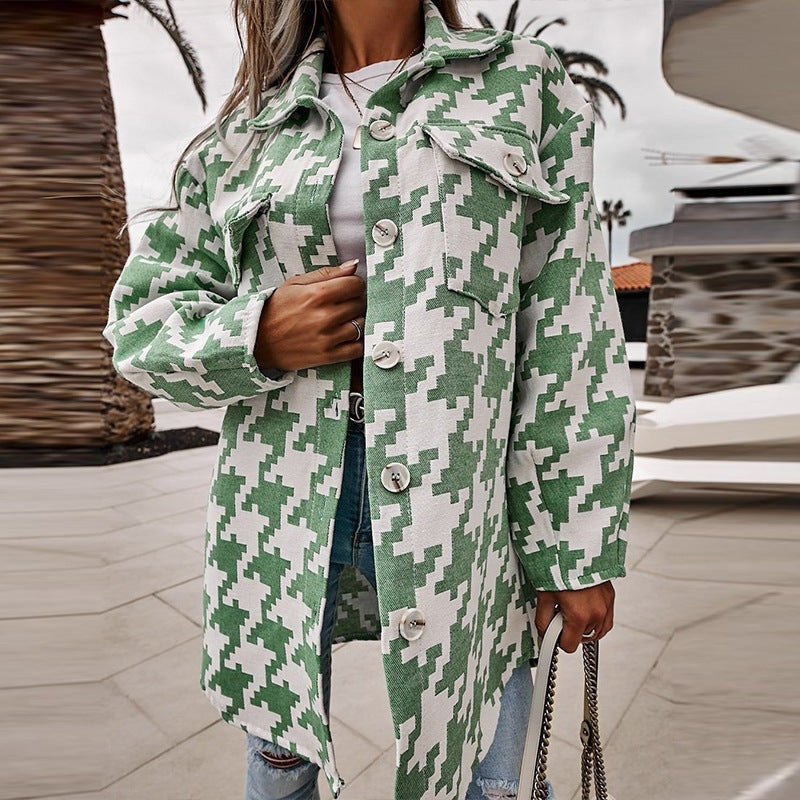 Damen Oversized Jacke Hahnentrittmuster Praktische Taschen