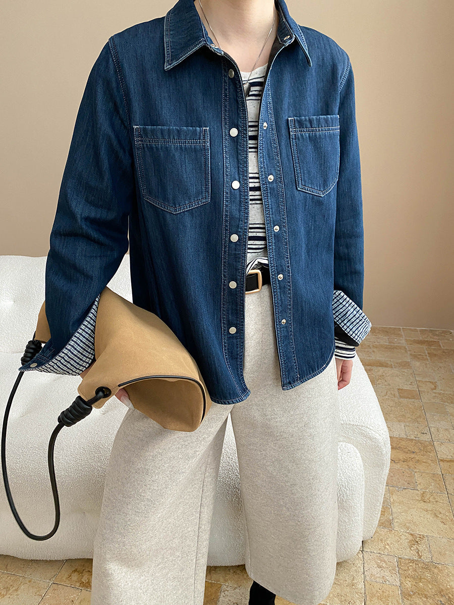 Damen Denimjacke Lässig Aufgesetzte Taschen Blau Eveloria