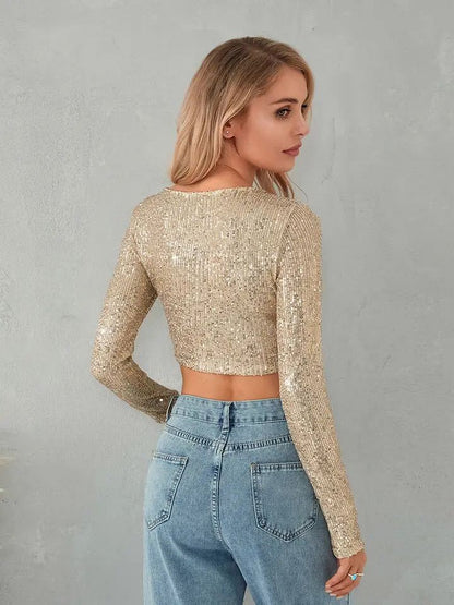 Damen Glitzerndes Langarm-Crop- Figurbetont Eveloria