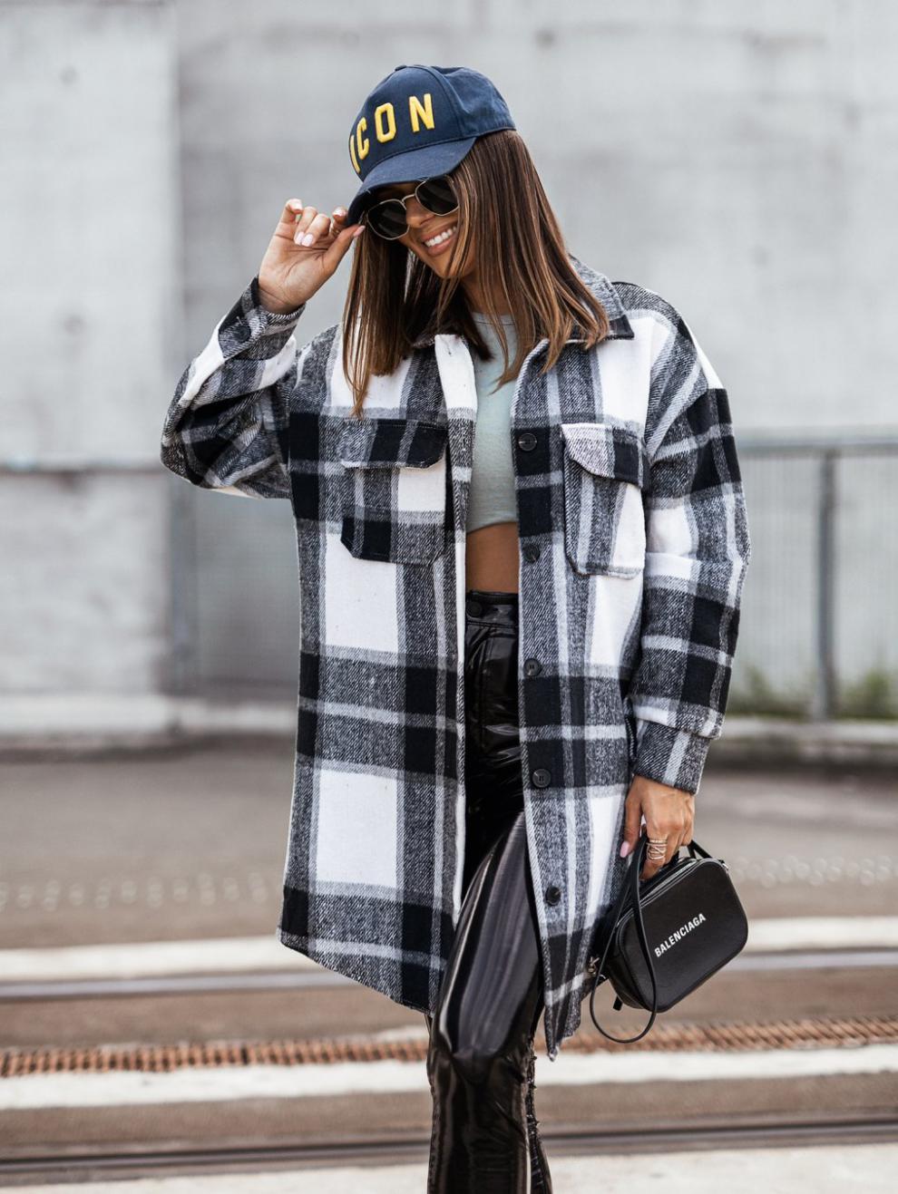 Damen Karierter Overshirt Jacke Lässig Mit Taschen Eveloria