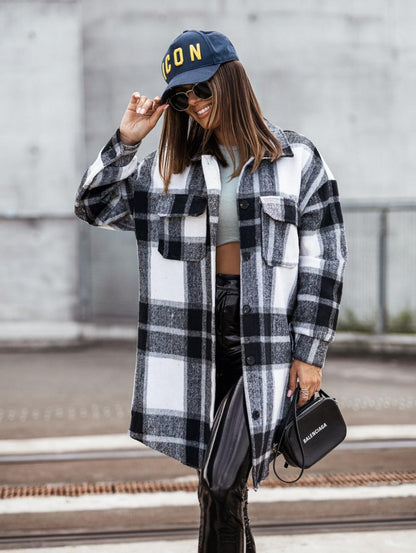 Damen Karierter Overshirt Jacke Lässig Mit Taschen Eveloria