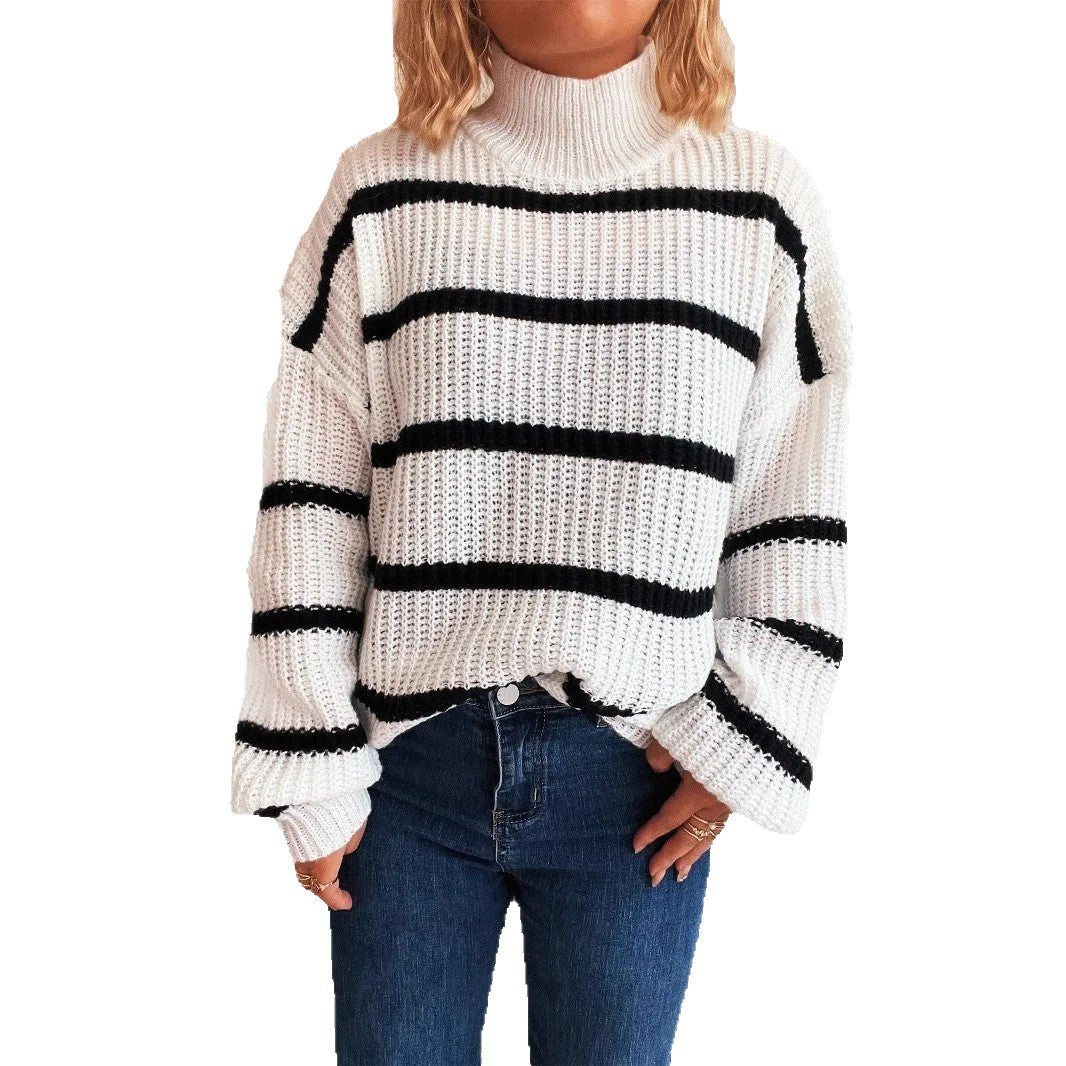 Damen Grobstrickpullover Rollkragen Streifenmuster Eveloria