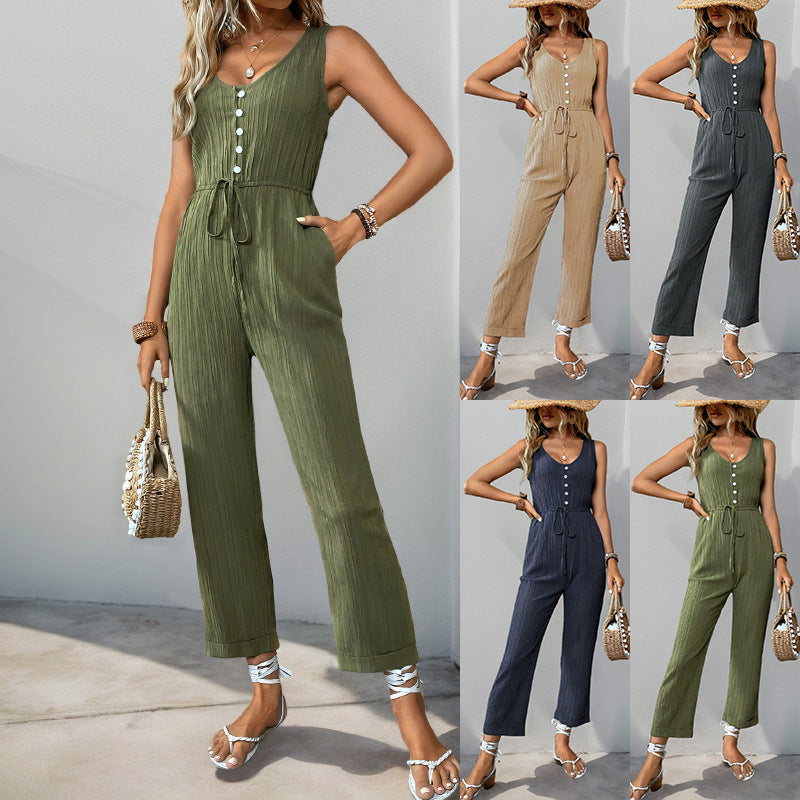 Damen Jumpsuit Knopfleiste Elastisch Schwarz Eveloria - Eveloria