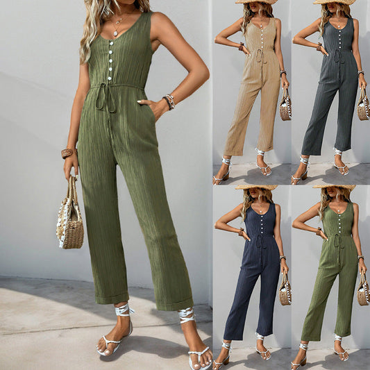 Damen Jumpsuit Knopfleiste Elastisch Schwarz Eveloria - Eveloria