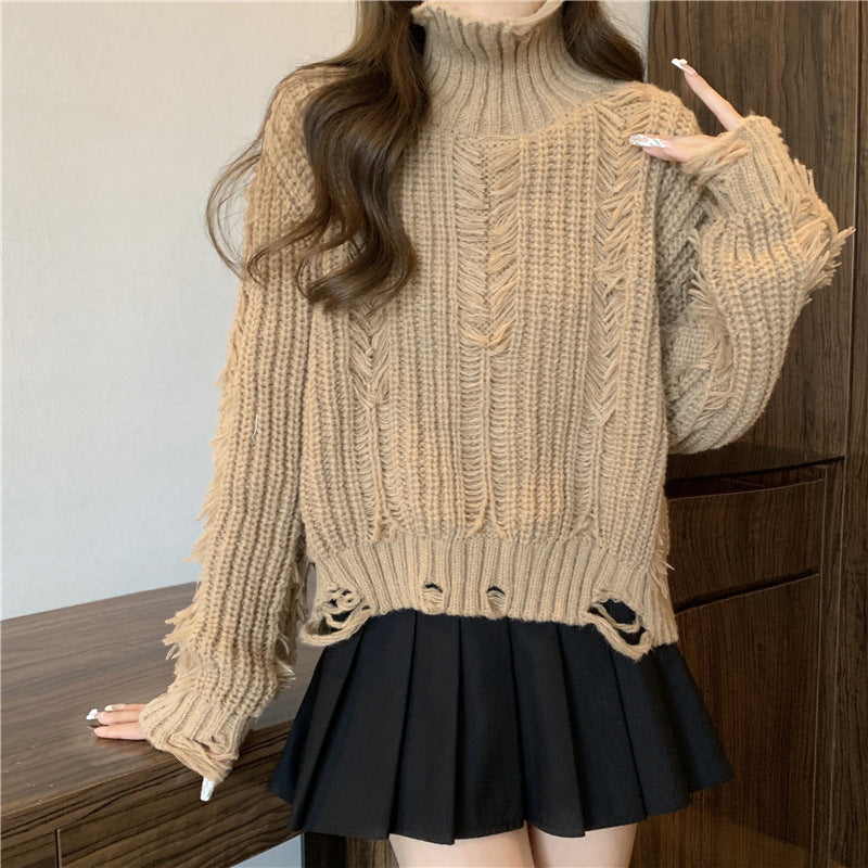 Damen Grobstrickpullover Hochkragen Französischer Look Eveloria