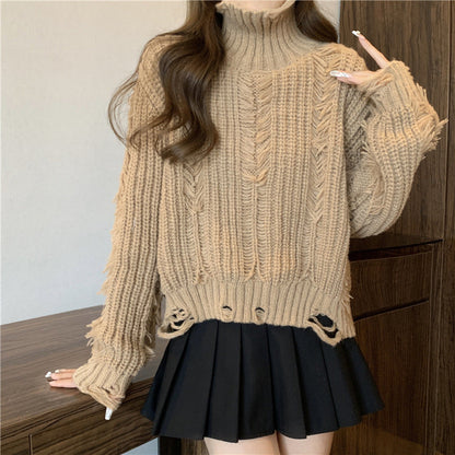Damen Grobstrickpullover Hochkragen Französischer Look Eveloria