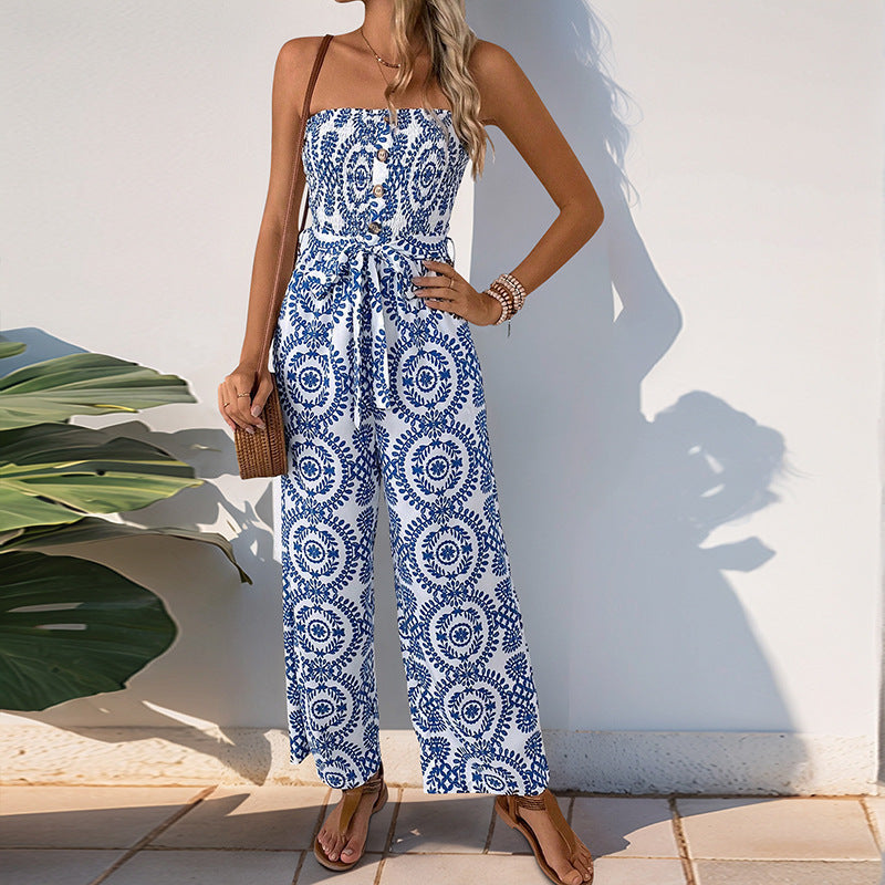 Damen Jumpsuit Floralmuster Baumwolle Mit Taillengürtel Beige