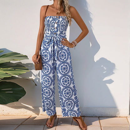 Damen Jumpsuit Floralmuster Baumwolle Mit Taillengürtel Beige