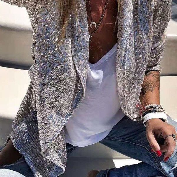 Damen Asymmetrische Blazerjacke Glitzernd Moderner Schnitt Eveloria