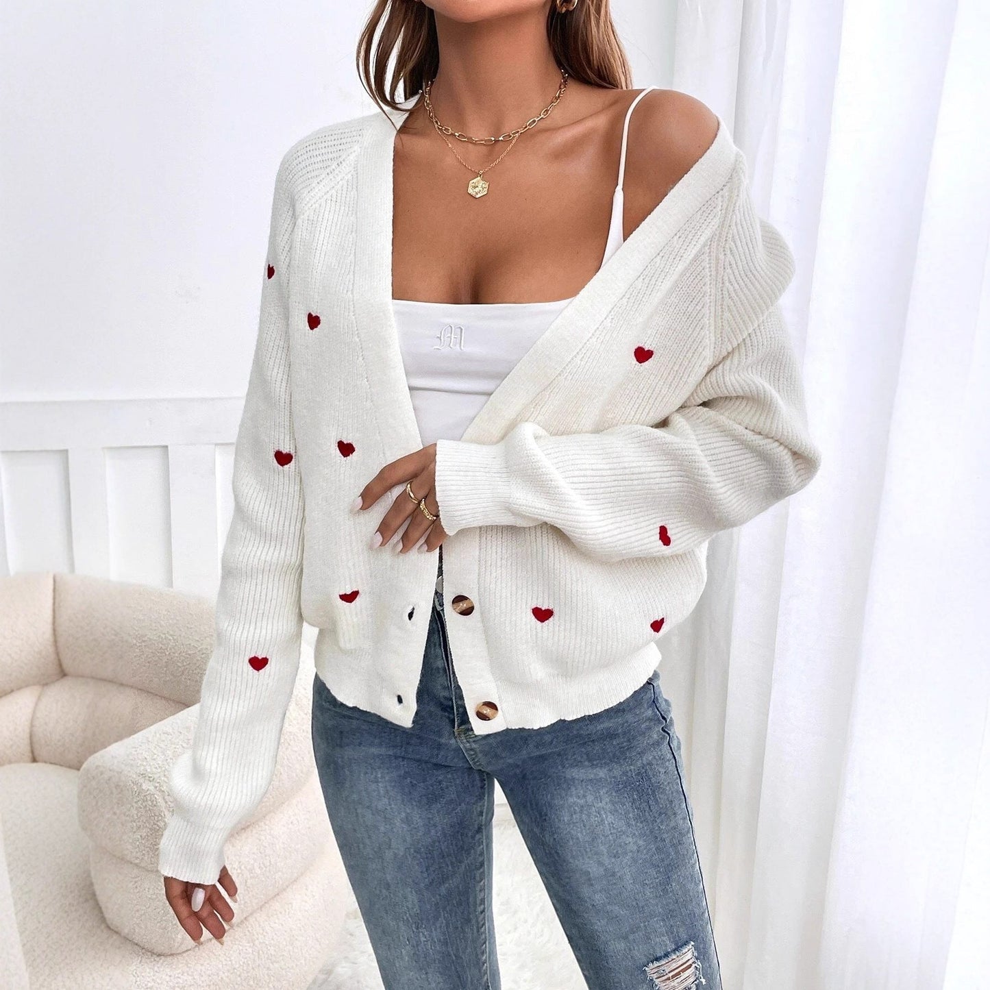 Damen Strickjacke Herzapplikationen Knopfverschluss Eveloria