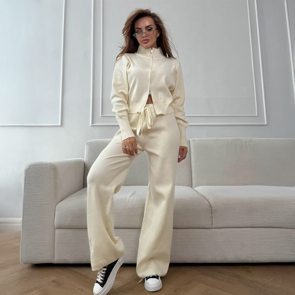 Damen Strickensemble mit Zip-Kragen und weitem Schnitt - Eveloria