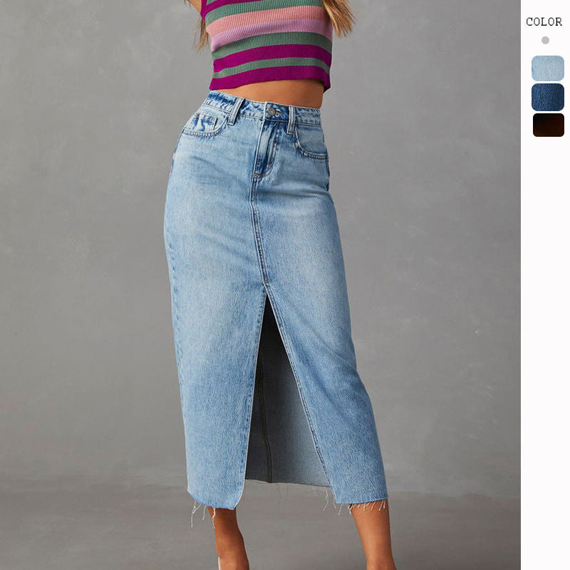 Damen Bleistiftkleid Jeans Hochgeschnitten Seitlichem Schlitz Blau - Eveloria