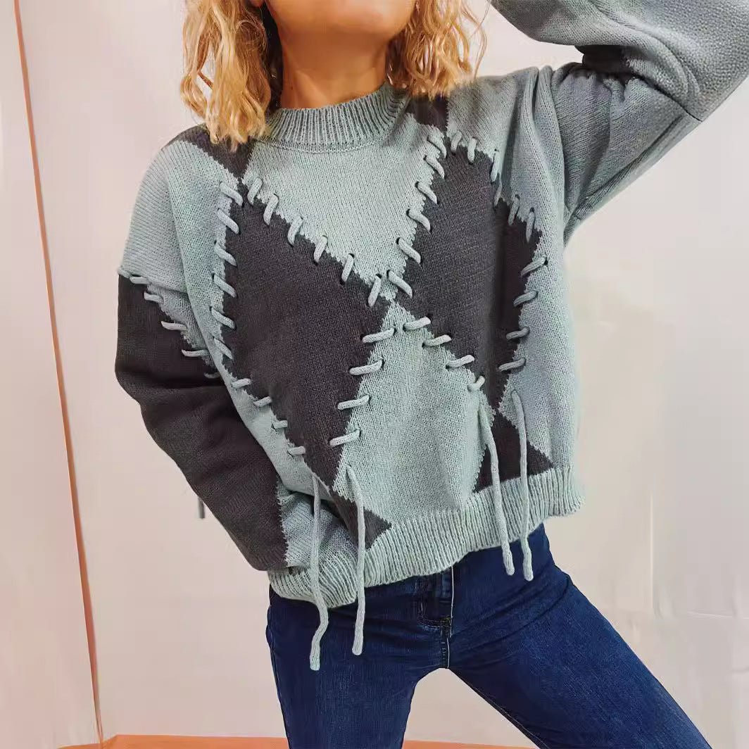 Damen Oversized Pullover Gekreuzte Nähte Grau