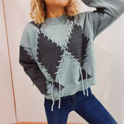 Damen Oversized Pullover Gekreuzte Nähte Grau