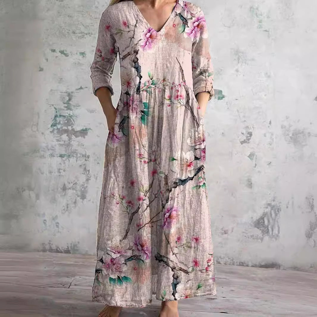 Damen Sommerkleid Blumenprint V-Ausschnitt Langärmlig Maxikleid