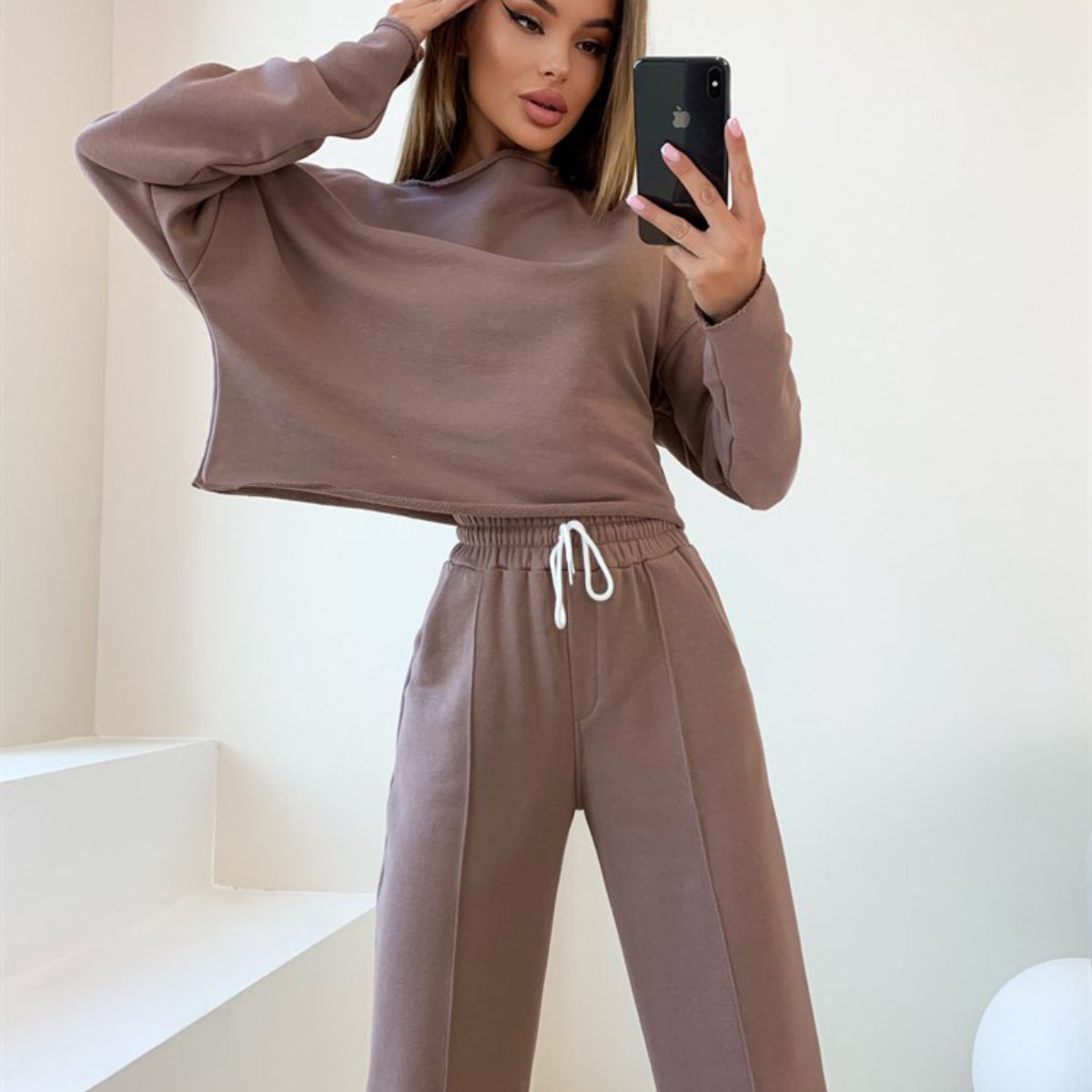Damen Jogginganzug Cropped Oberteil Weite Hose Grau Eveloria