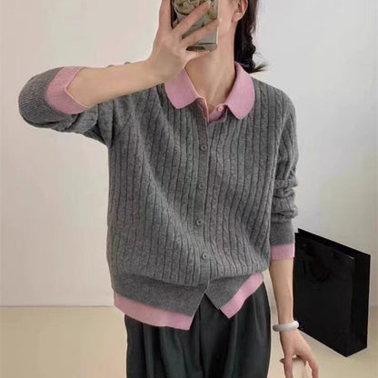 Damen Strickpullover mit Knopfdesign und Rippenstruktur Grau Eveloria