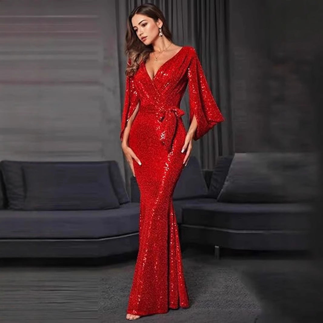 Damen Abendkleid Pailletten V-Ausschnitt Fließender Rock Schwarz - Eveloria