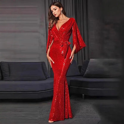 Damen Abendkleid Pailletten V-Ausschnitt Fließender Rock Schwarz - Eveloria