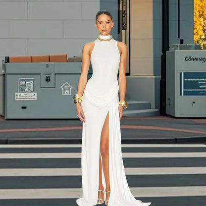Damen Abendkleid Lang Wasserfallausschnitt Schlitz Eveloria
