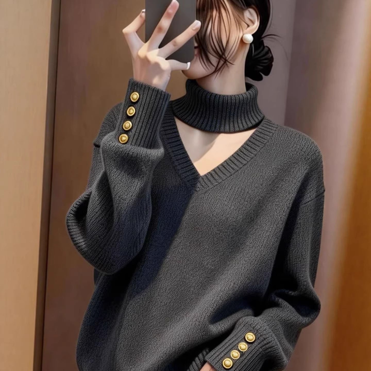 Damen Strickpullover Rollkragen Knöpfe Eveloria